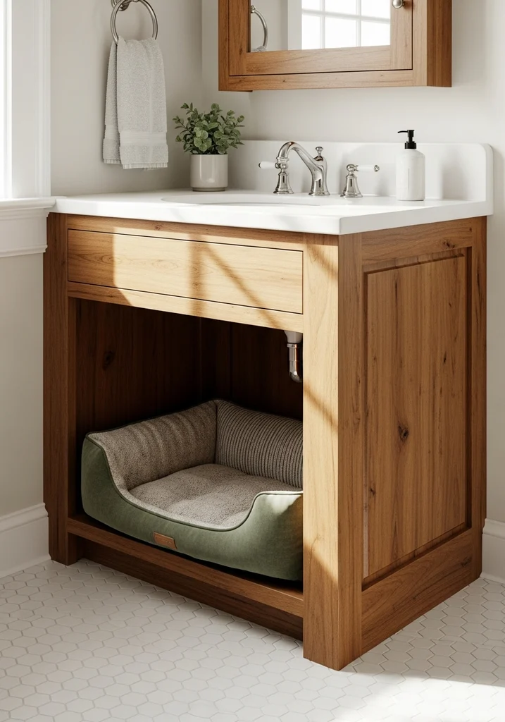 Built in dog bed nook under a traditional wooden vanity