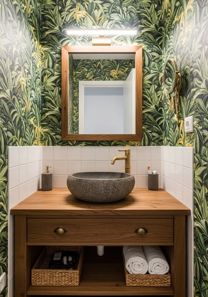 Jungle-themed bathroom with dark wood vanity and tropical wallpaper