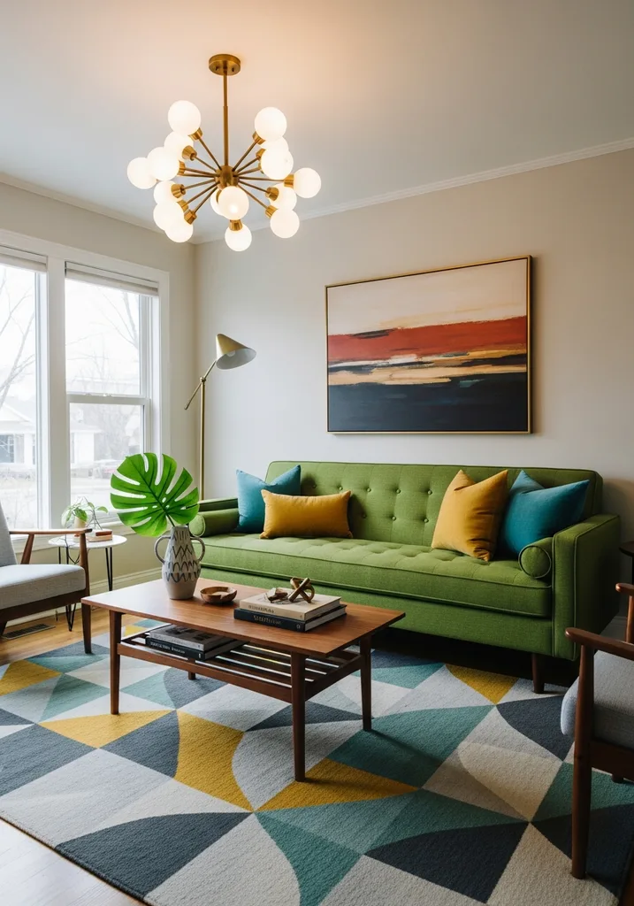 Kelly green sofa in a Mid Century Modern living room with walnut furniture