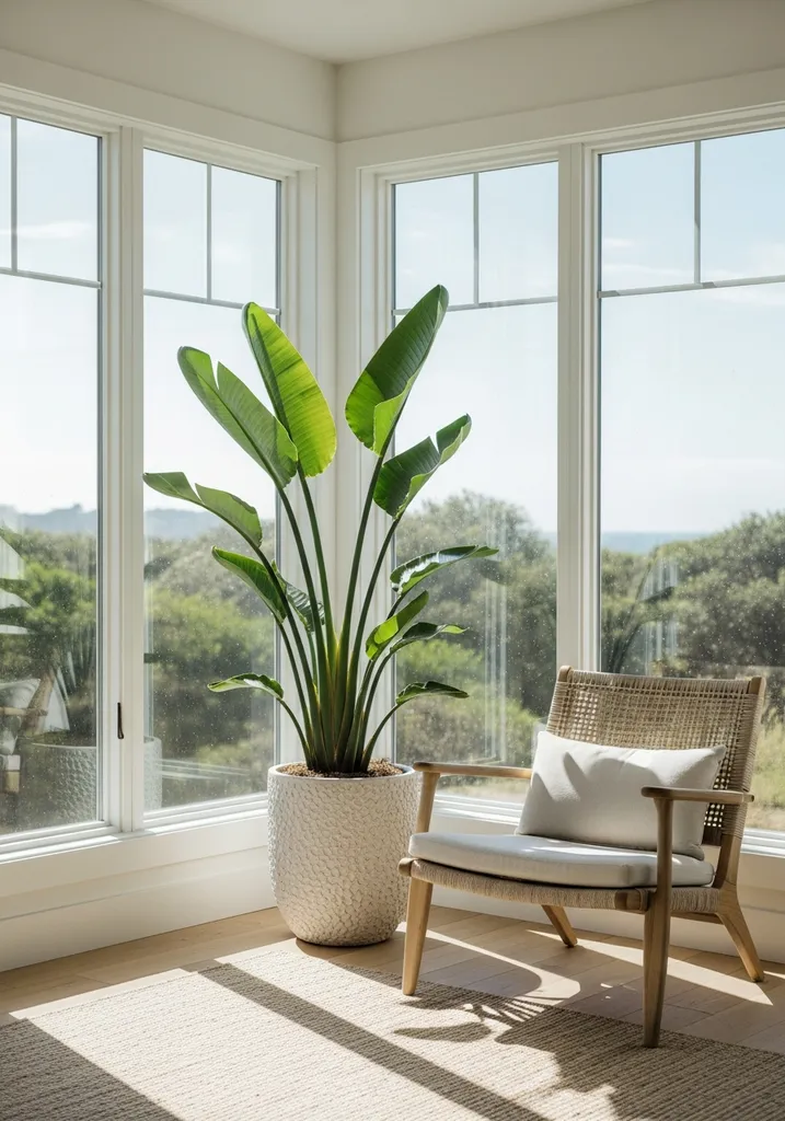 Tall Bird of Paradise plant in a white planter in a sunny coastal living room corner