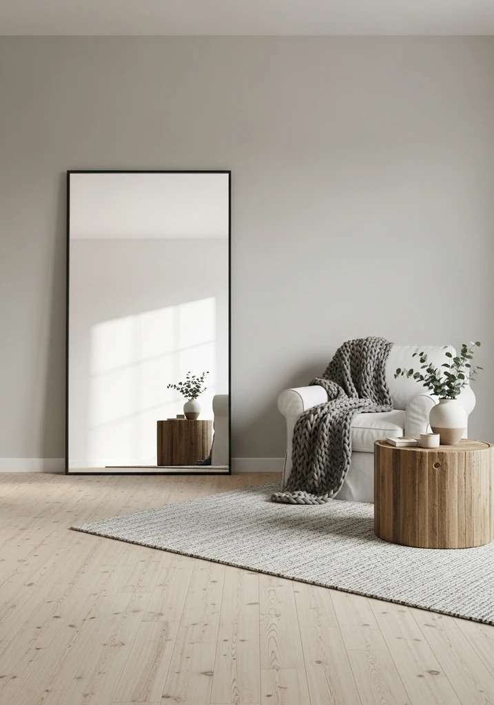 Large oversized leaning floor mirror with thin black metal frame