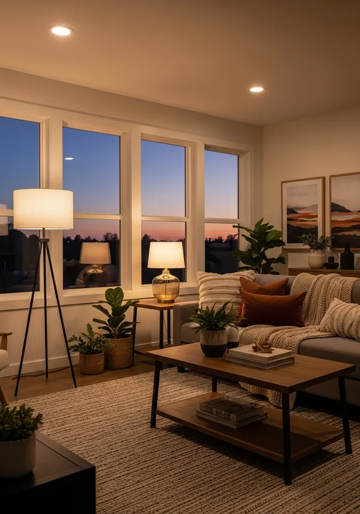 Living room at dusk with layered lighting and big windows