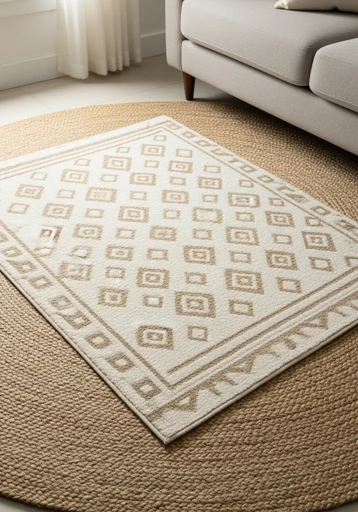 Layered jute and wool area rugs in earth tones