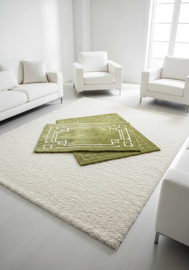 Layered green and white rugs on a light wood floor