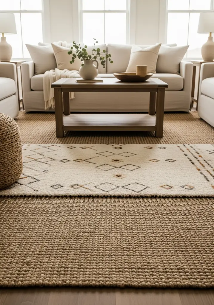 Layered natural jute and patterned wool rugs in a farmhouse modern living room