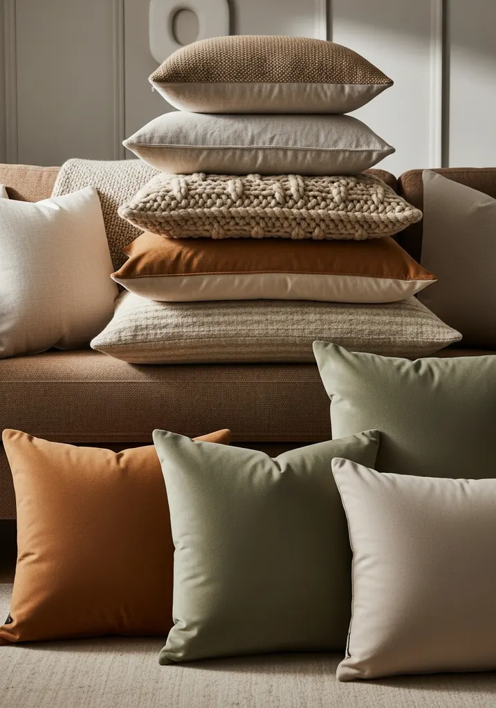 Layered throw pillows in earth tones on a sofa