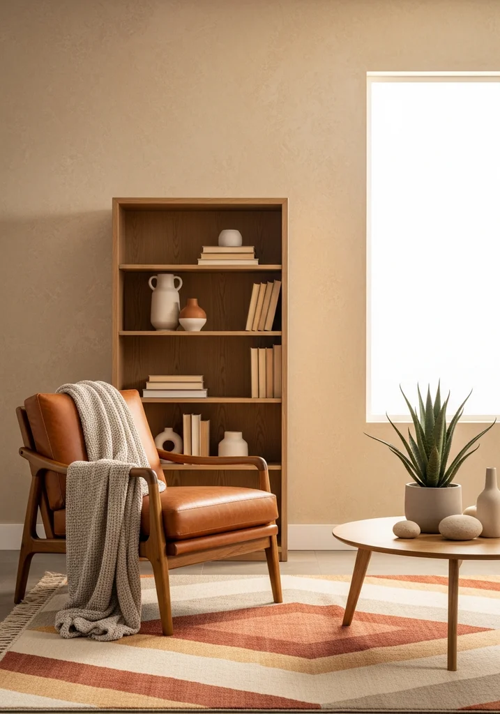 Cognac leather accent chair next to a wooden bookshelf