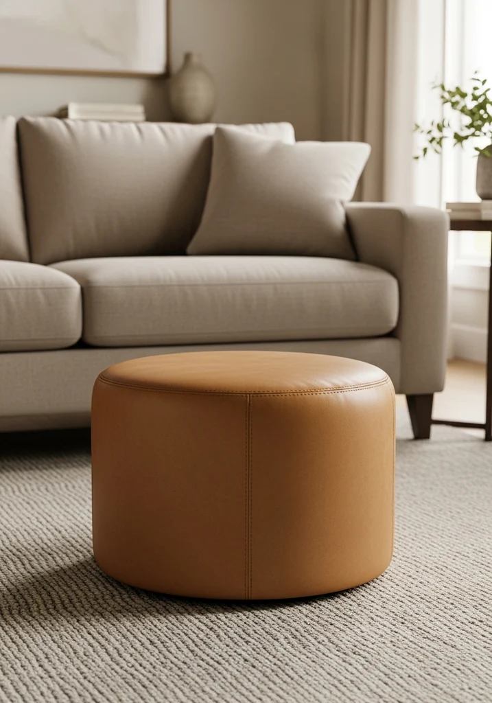 Round tan leather ottoman in living room