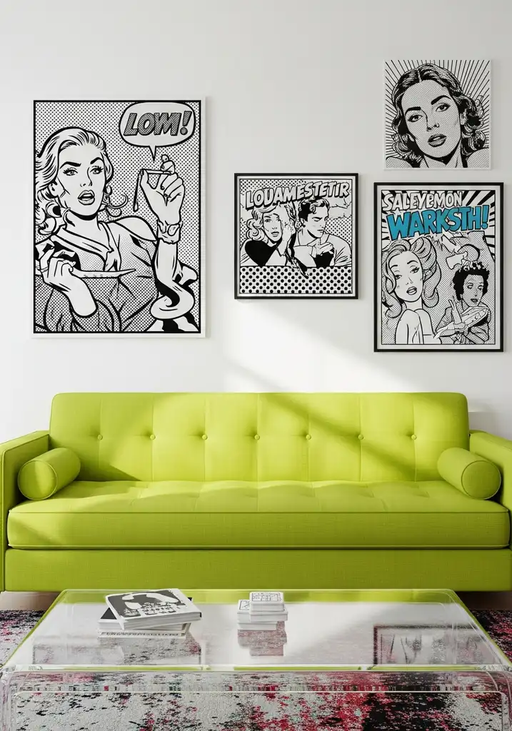 Lime green sofa in a pop art living room with white walls and graphic art