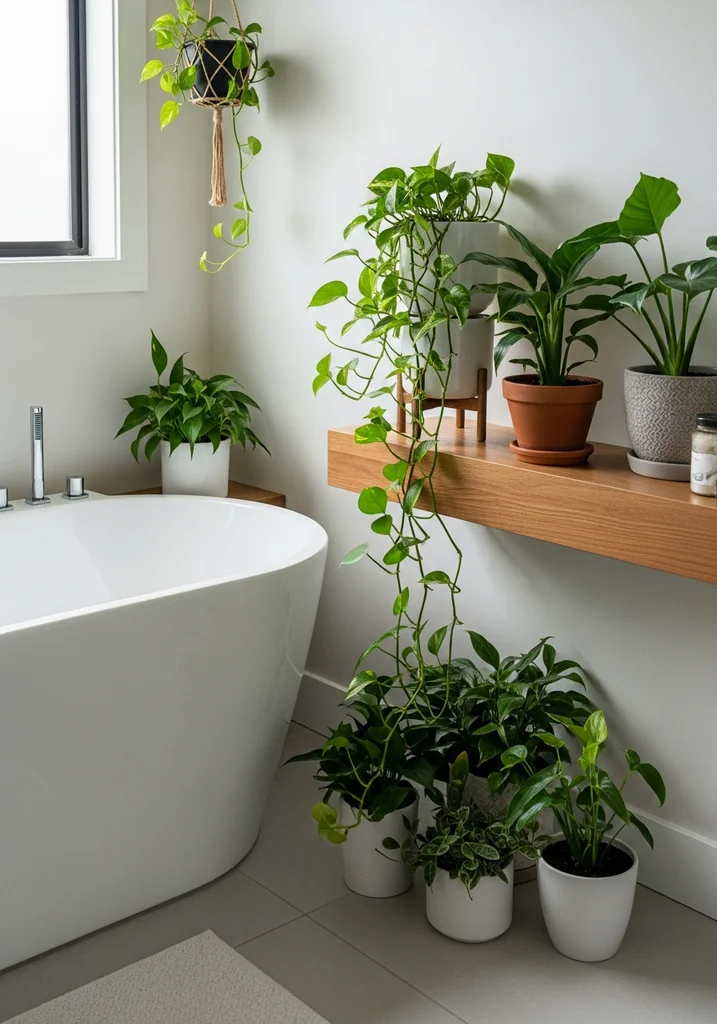 Bathroom corner with lush green plants and freestanding tub