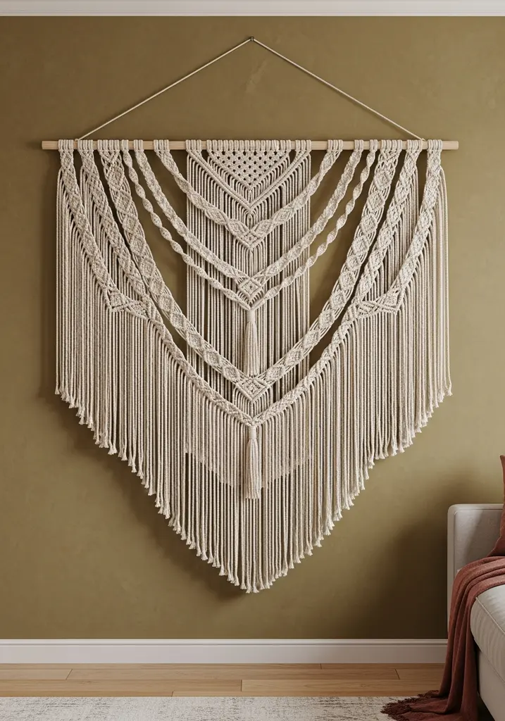 Large macrame wall hanging on a wall