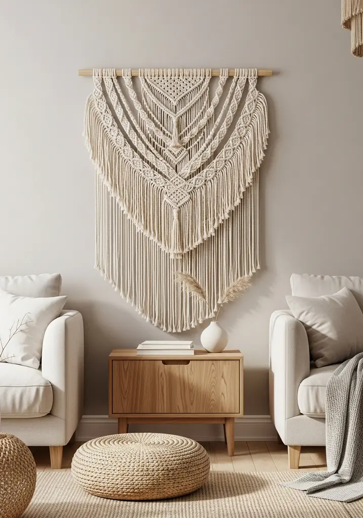 Large cream macrame wall hanging in a desert living room