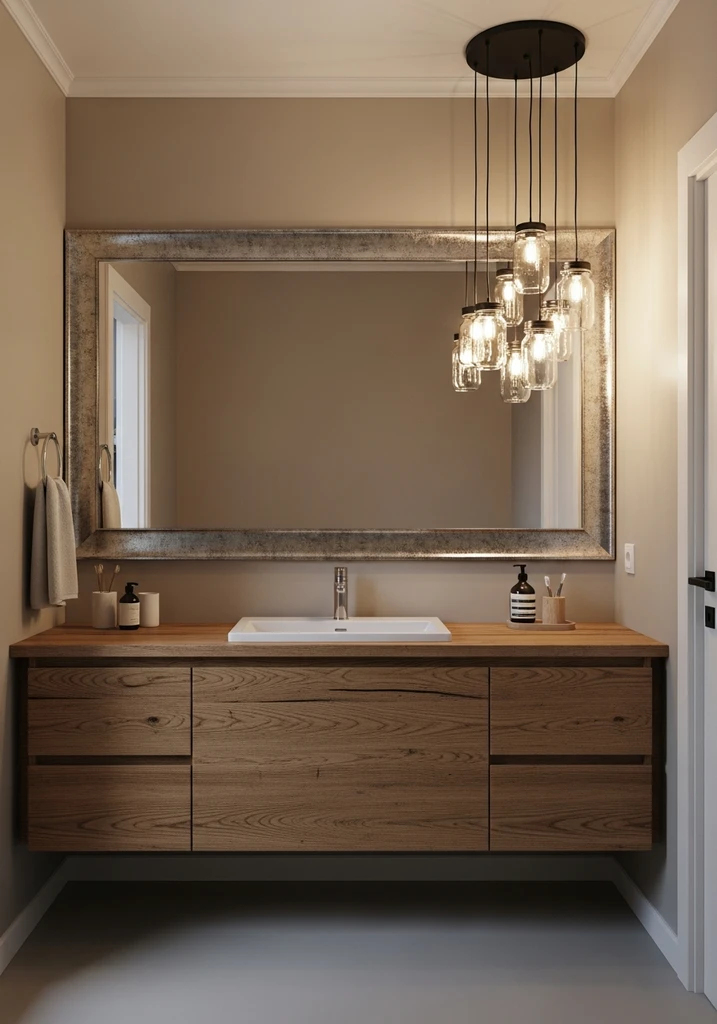 Bathroom with warm Mason jar light fixtures