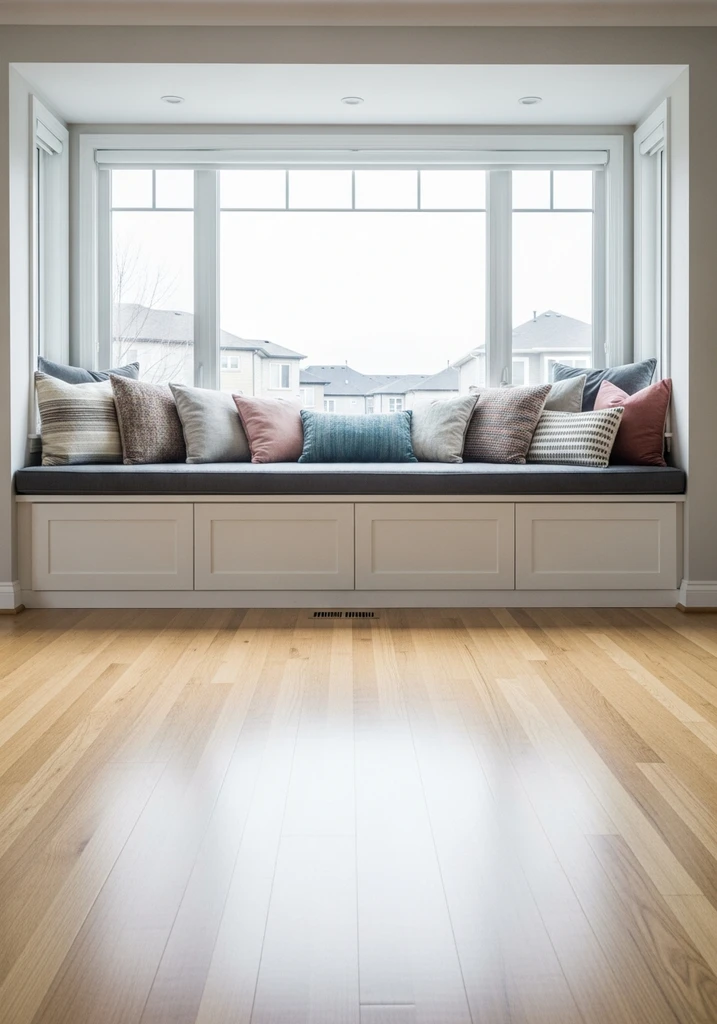 Window bench with gray cushions under a large window