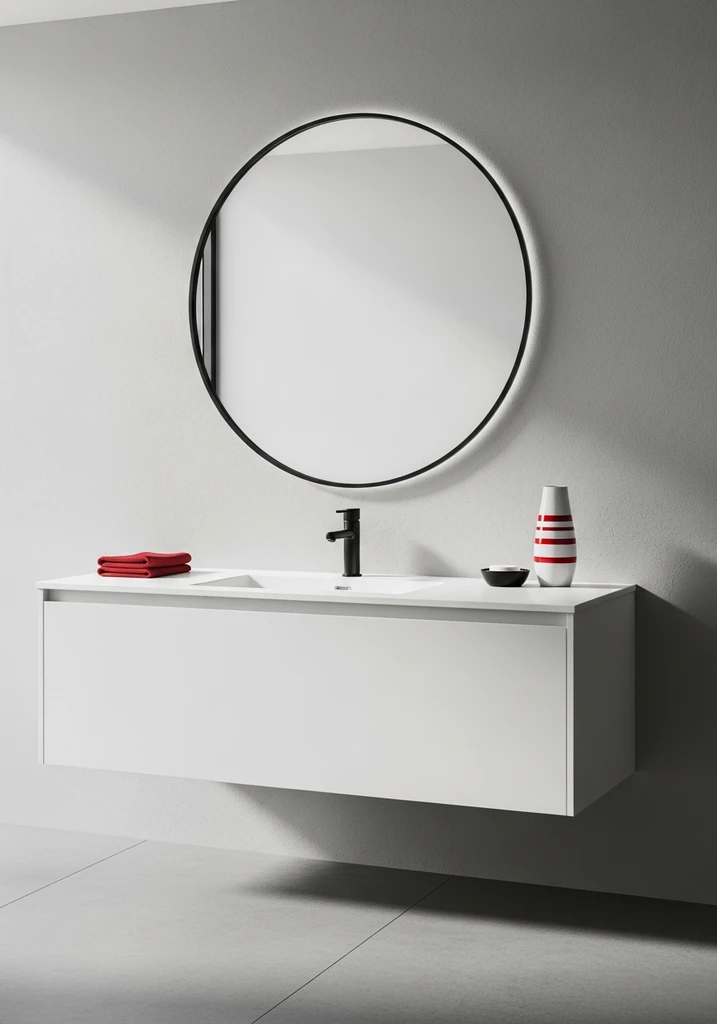 Modern bathroom with white vanity, circular mirror, and red accents