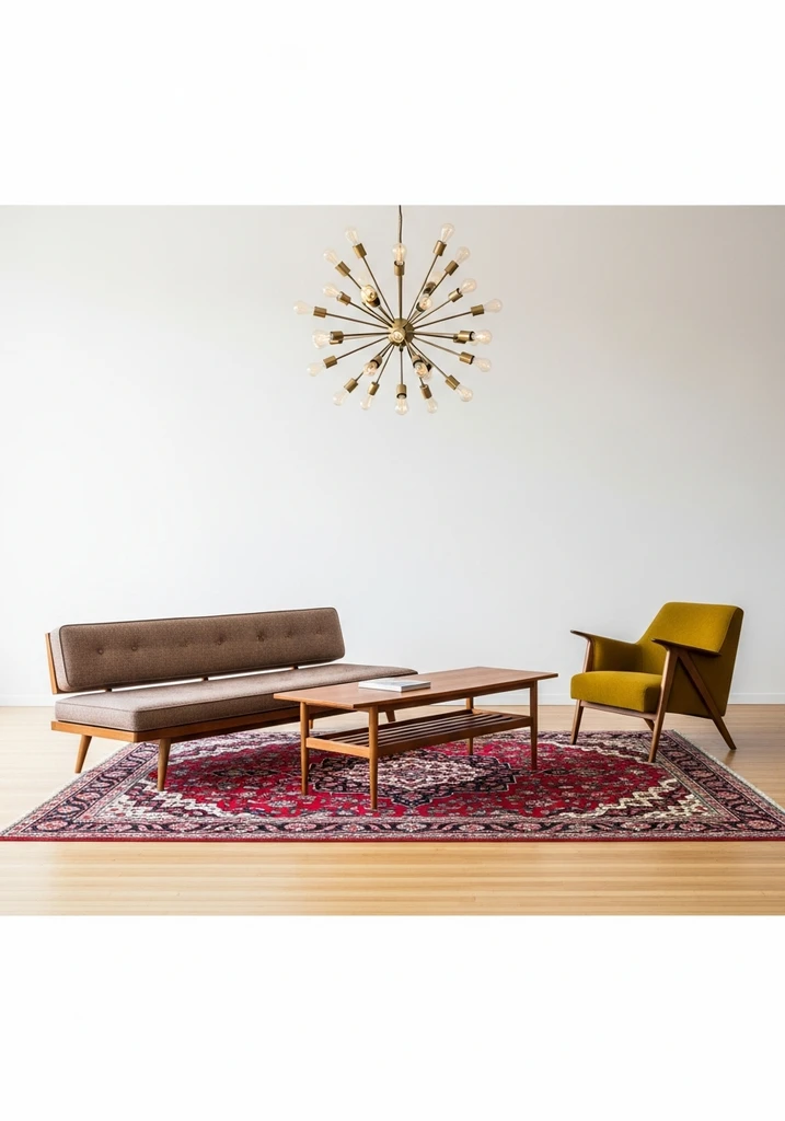 Mid Century Modern living room with red Persian rug, low profile sofa, and wooden coffee table.