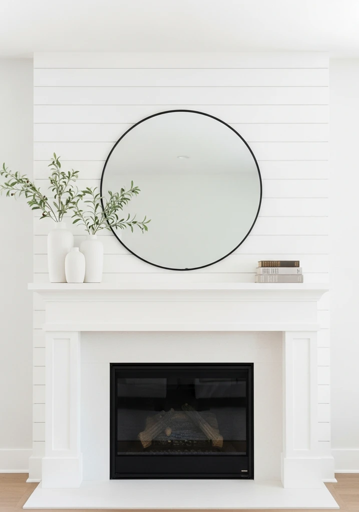 Minimalist fireplace mantel with round mirror and greenery