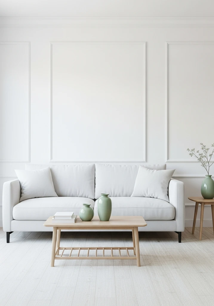 Minimalist living room with white sofa and sage green accents