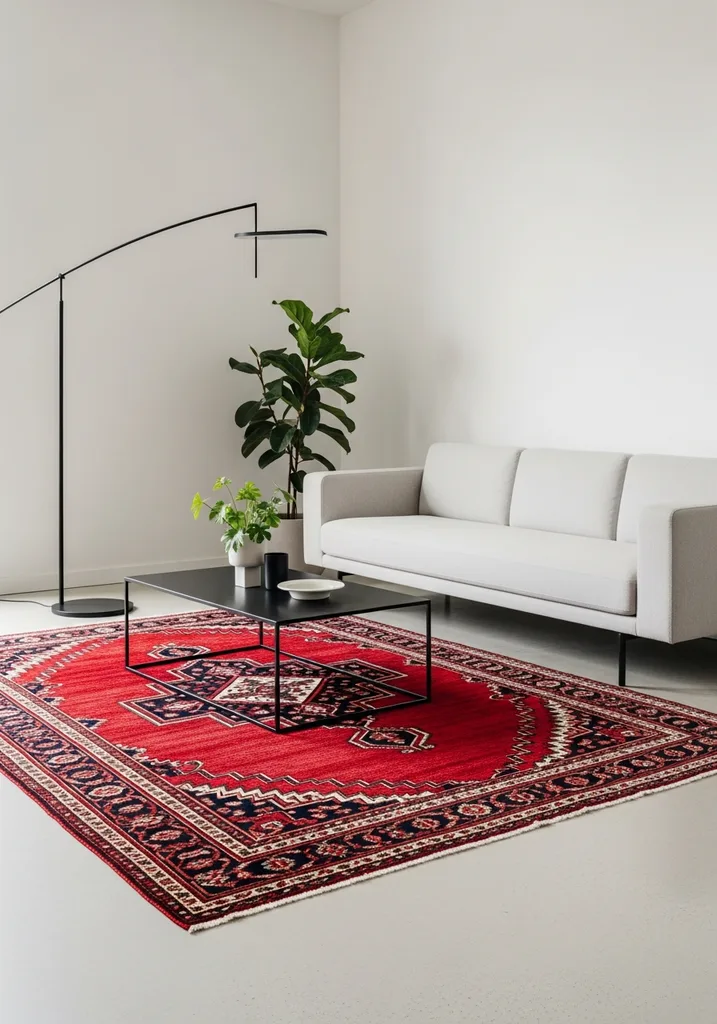 Minimalist living room with red Persian rug, white sofa, and black coffee table.
