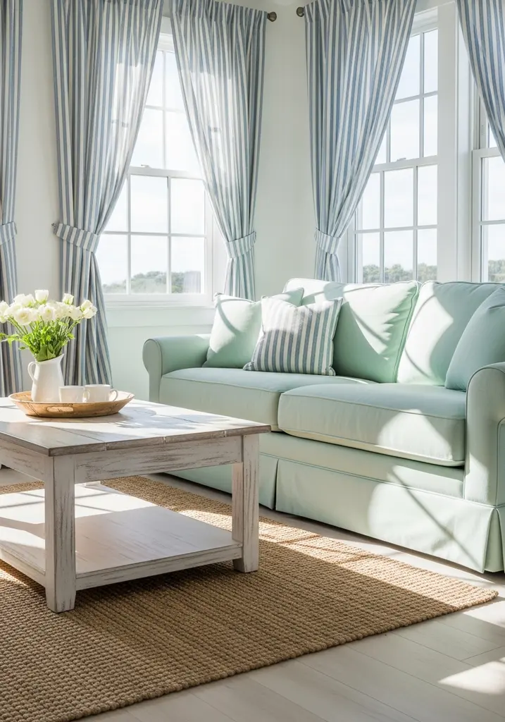 Mint green sofa in a bright coastal living room with blue and white accents
