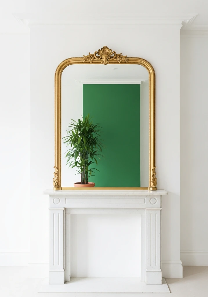 Ornate mirror reflecting greenery in a white living room