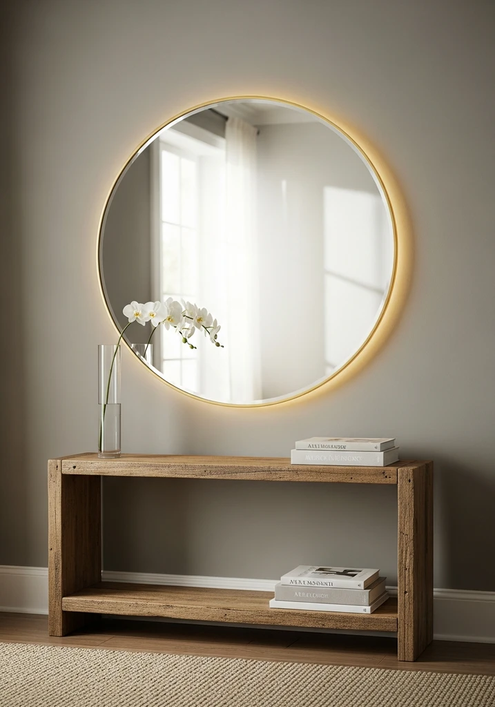 Large round mirror above a wooden console table