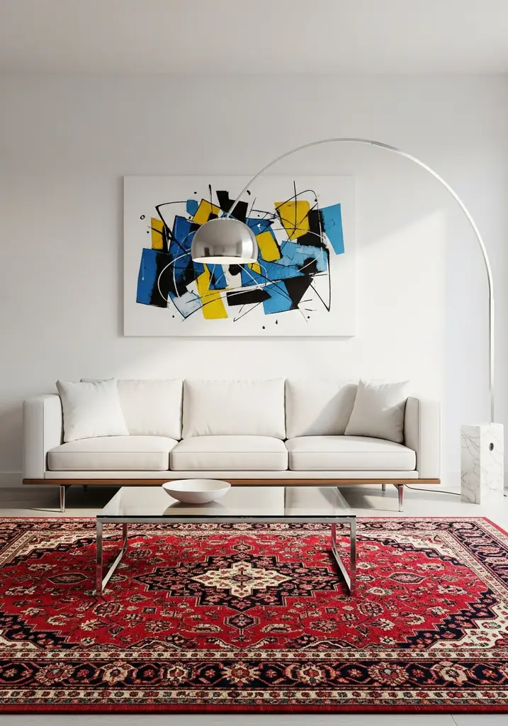 Modern living room with red Persian rug, white sofa, and glass coffee table.