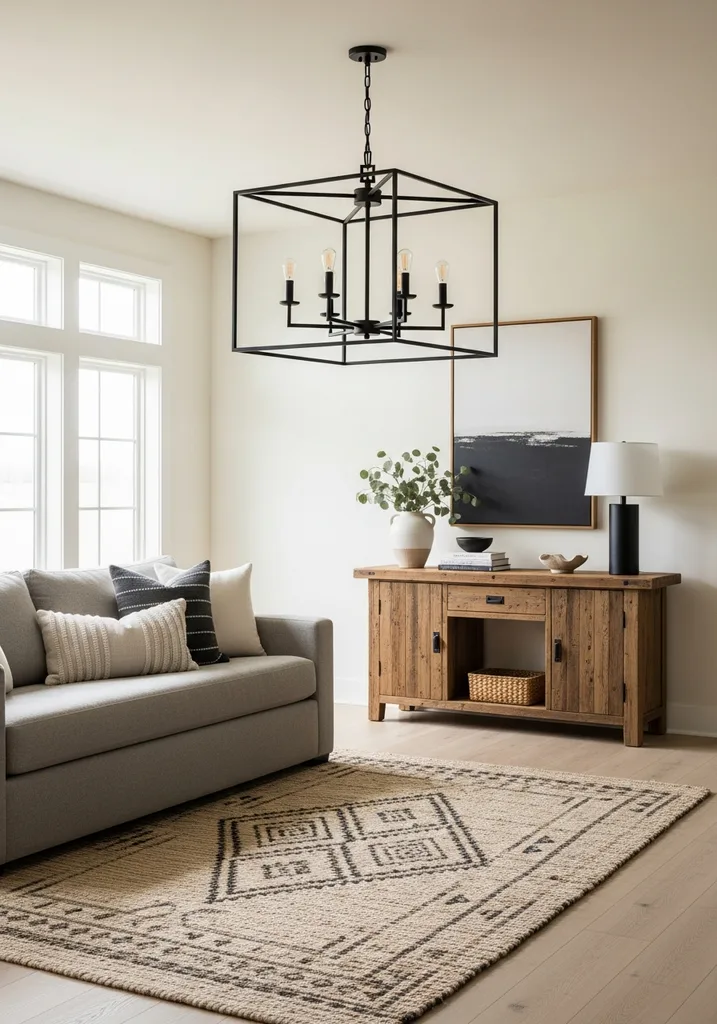 Industrial black metal chandelier in a farmhouse modern living room