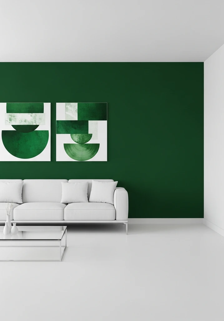 Modern living room with a forest green accent wall and white sofa