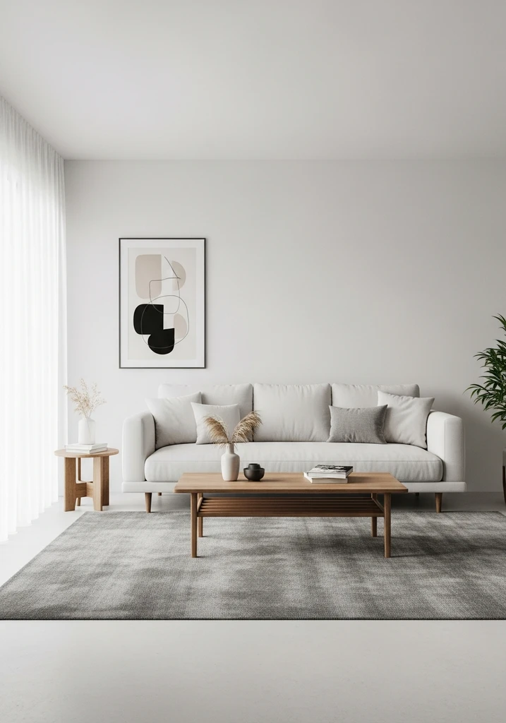 Modern Minimalist living room with white sofa, wood coffee table, gray rug, and abstract art