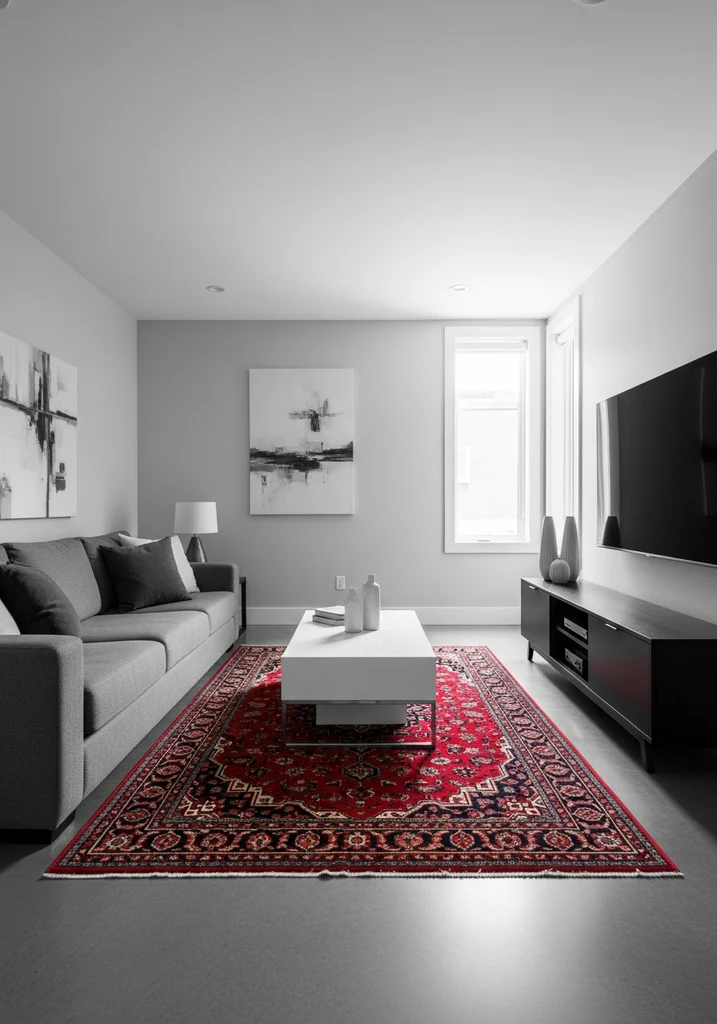 Monochromatic living room with red Persian rug, gray sofa, and white coffee table.