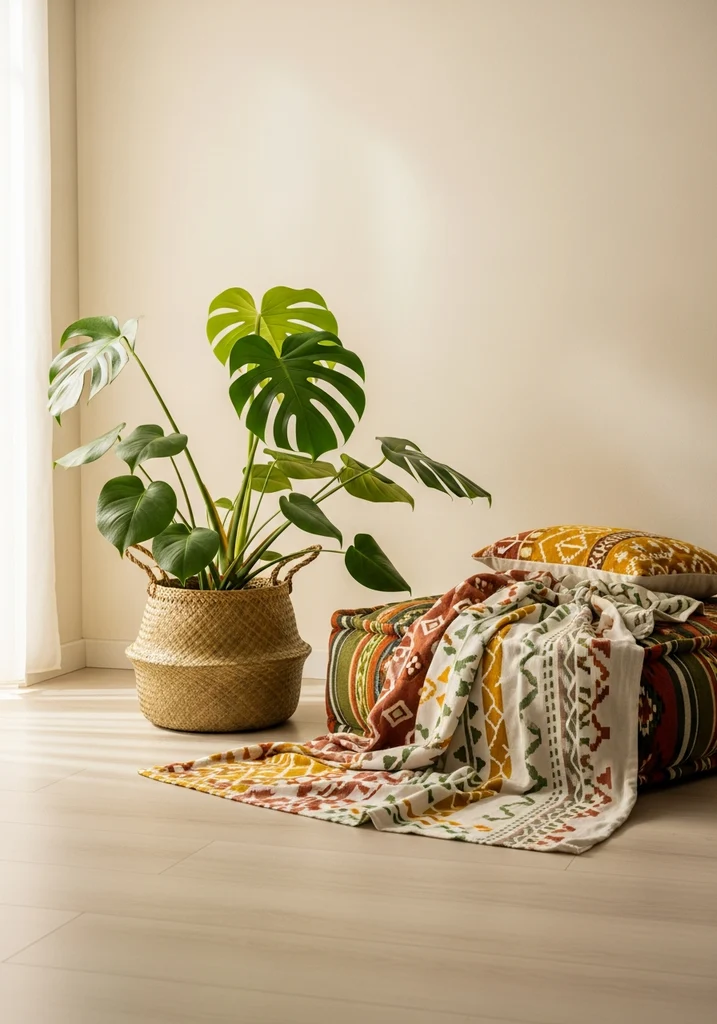 Large Monstera Deliciosa plant in a woven basket in a bohemian living room corner