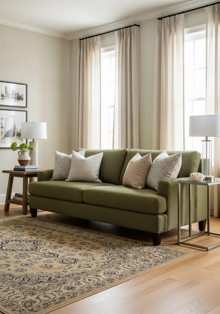 Moss green sofa in a transitional living room with mixed furniture styles