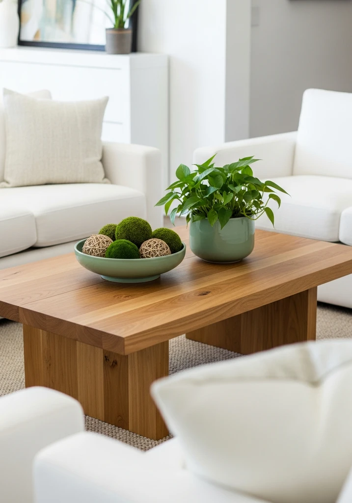 Natural wood coffee table with green decorative items