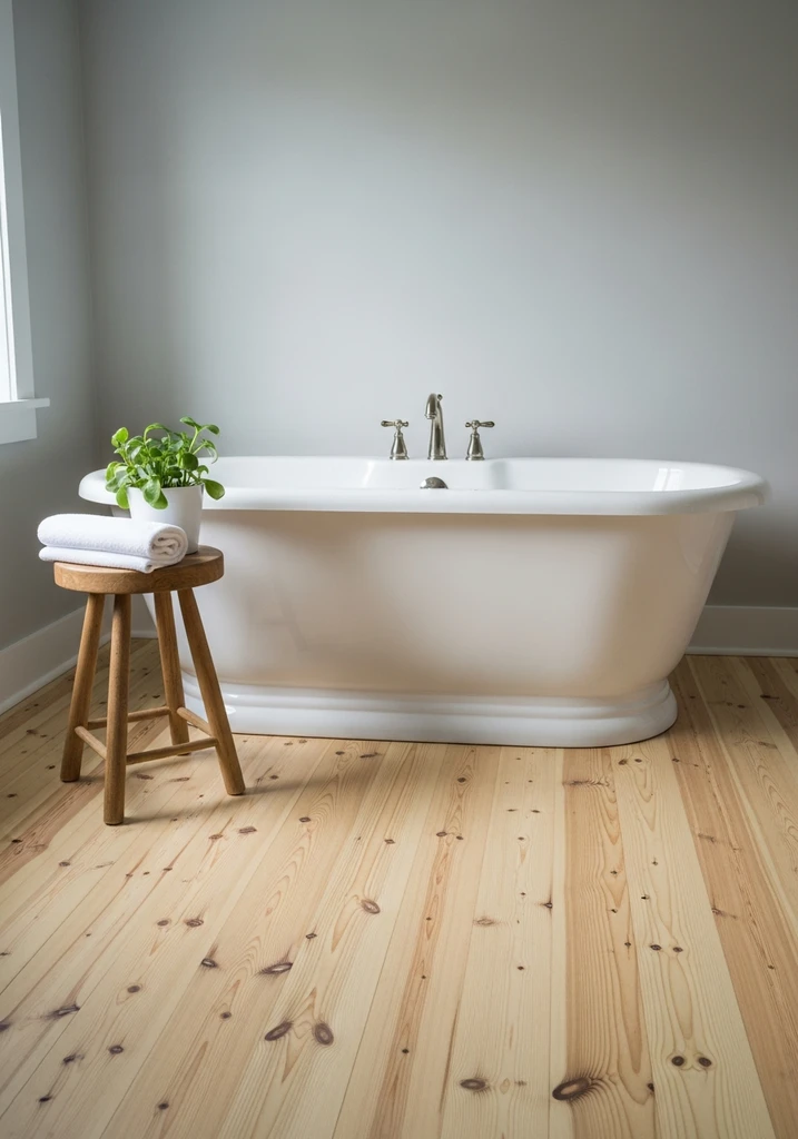 Bathroom with light wood plank flooring and white tub