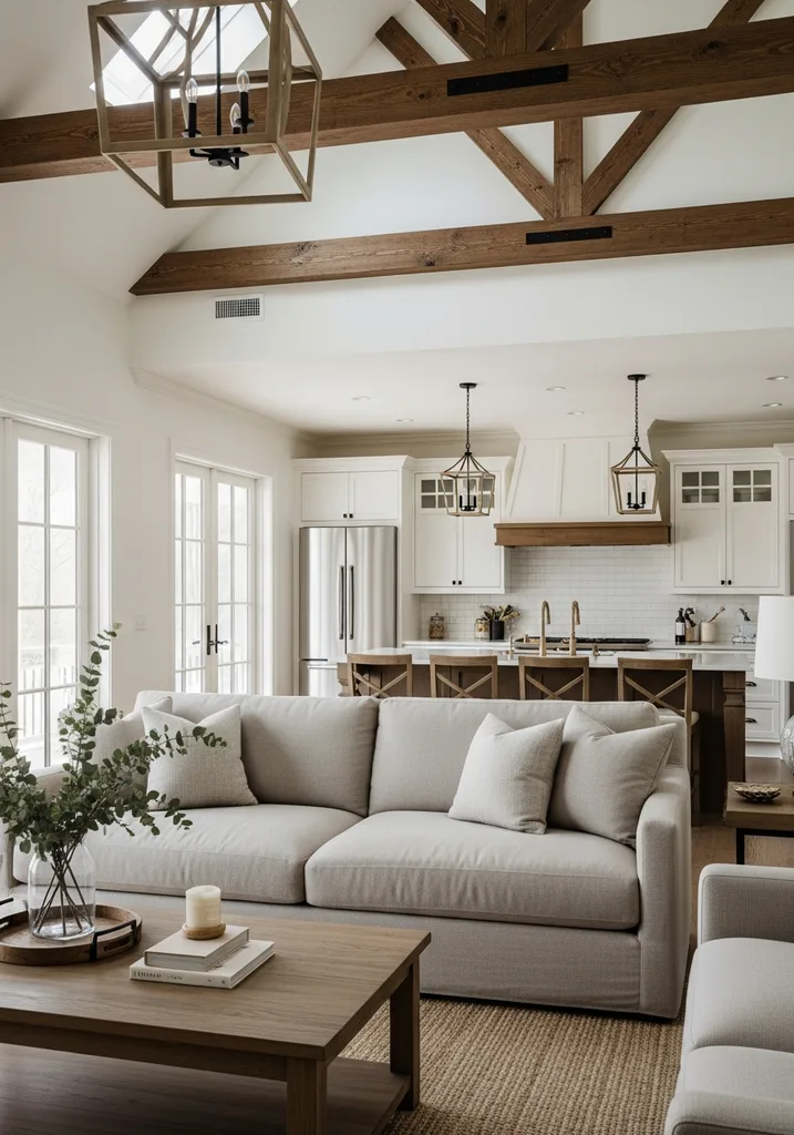 Neutral beige linen sofa in a farmhouse modern living room