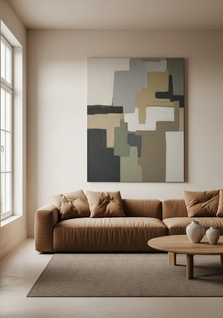 Large abstract artwork in muted earth tones