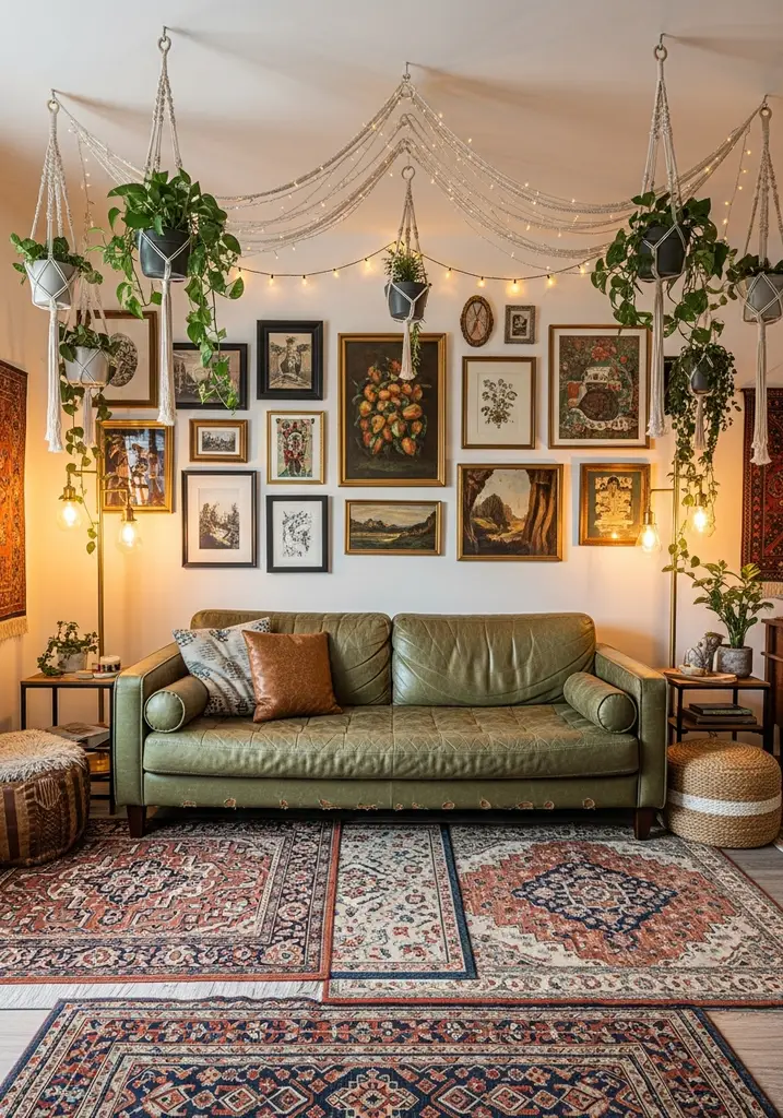 Olive green leather sofa in a Bohemian living room with eclectic decor