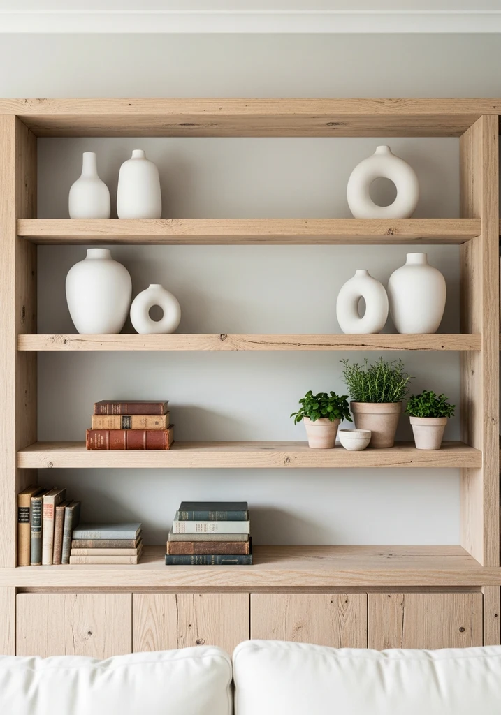 Open wooden shelves with white ceramics, books, and plants