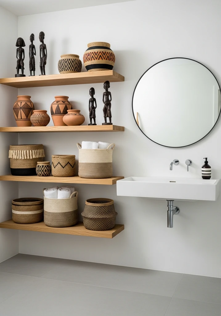 Open wooden shelves with African inspired decor