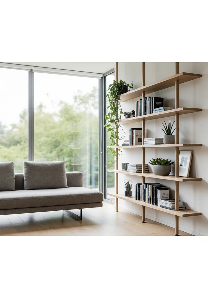 Modern living room with open shelving and big windows