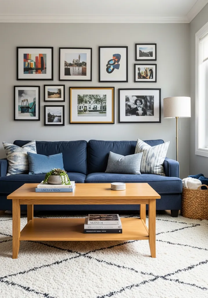 Living room with gallery wall above a navy sofa