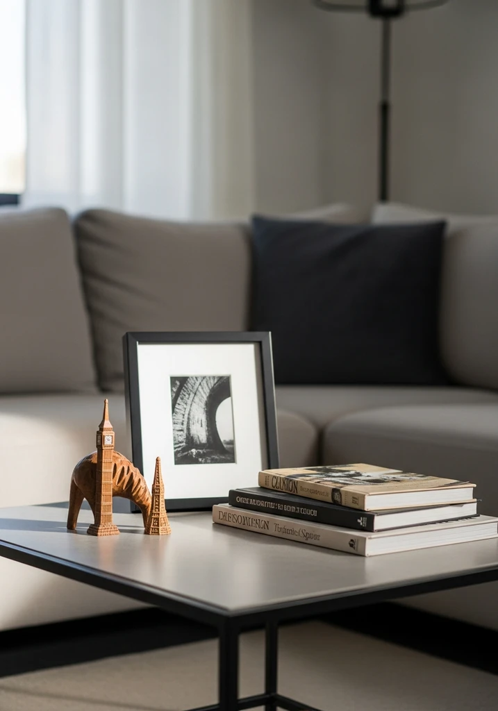 Coffee table with travel souvenir, framed photo, books