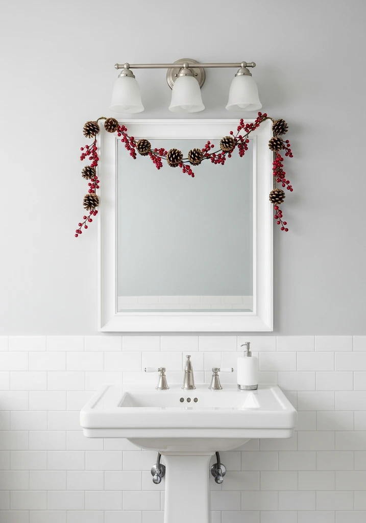 Mirror with pinecone and berry garland