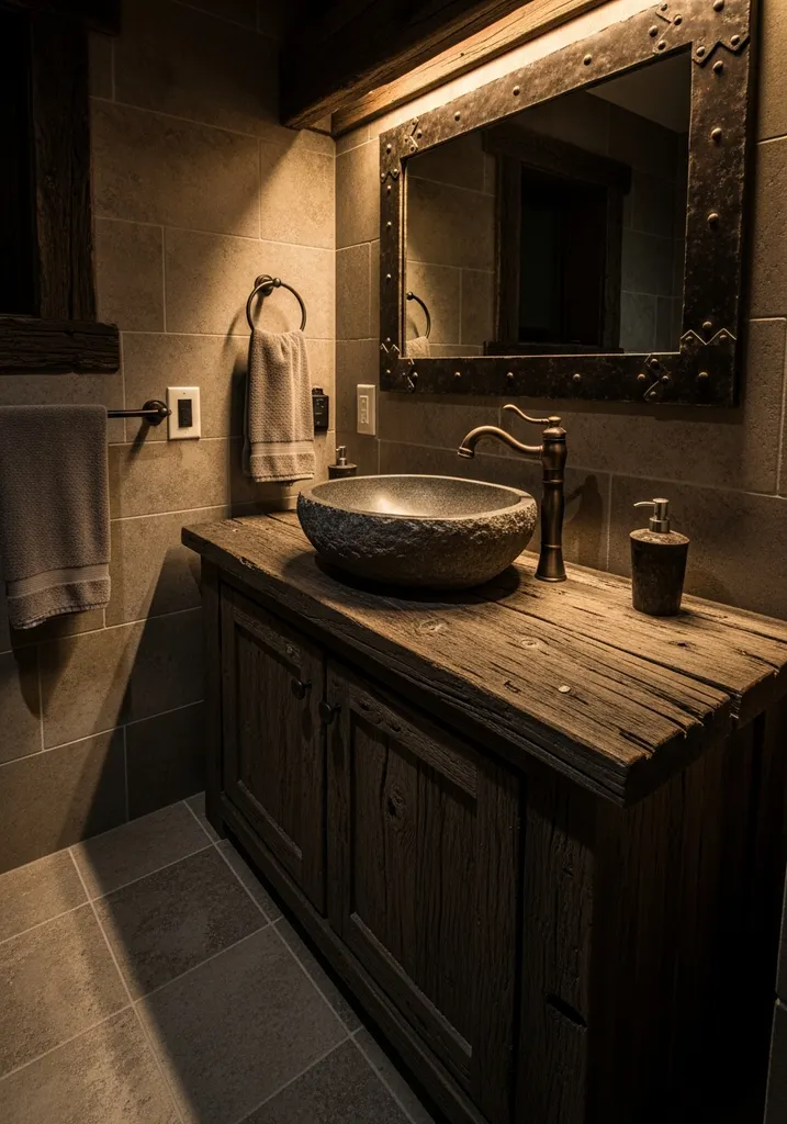 Pirate's cove bathroom with weathered wood vanity and stone sink
