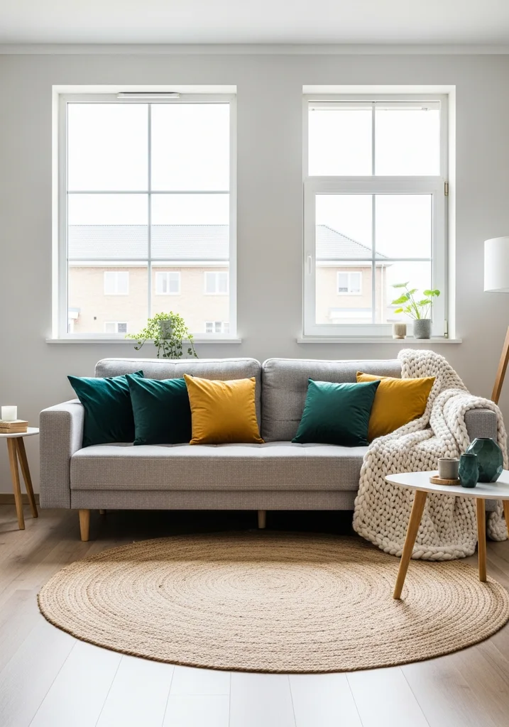 Cozy living room with varied textures and big windows