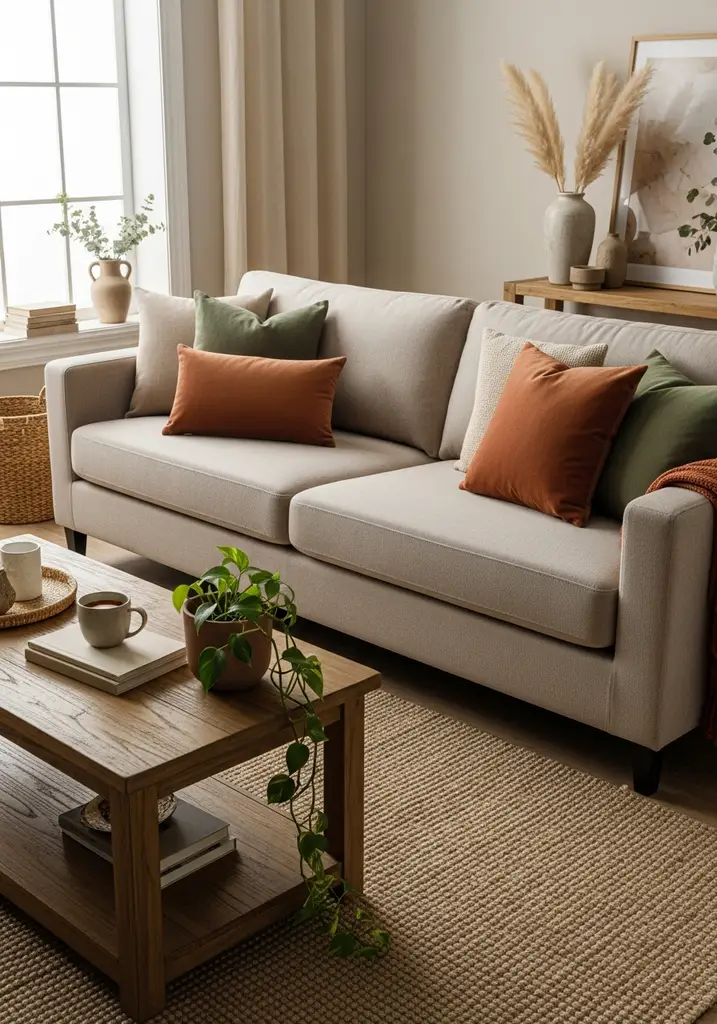 Plush beige fabric sofa in a cozy earth tone living room