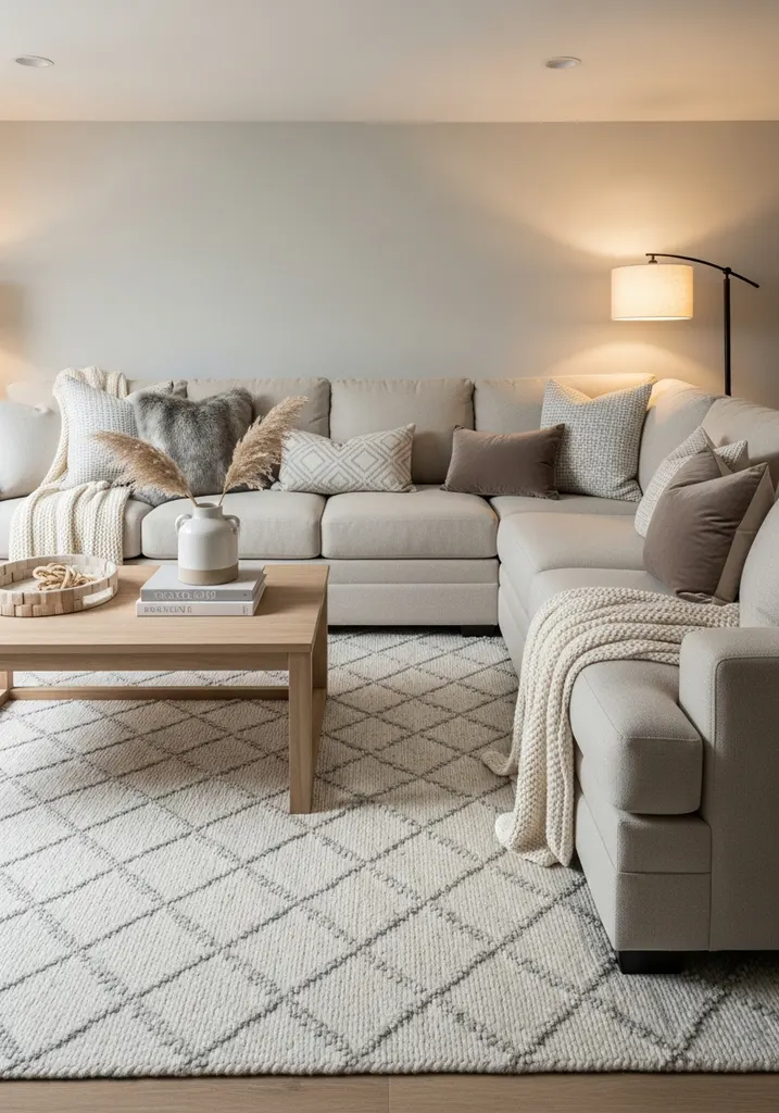 Beige sectional sofa with layered throws and decorative pillows