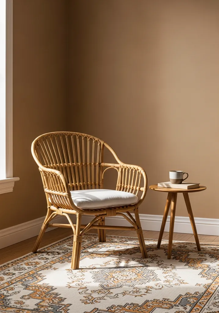 Rattan accent chair with cushion in living room