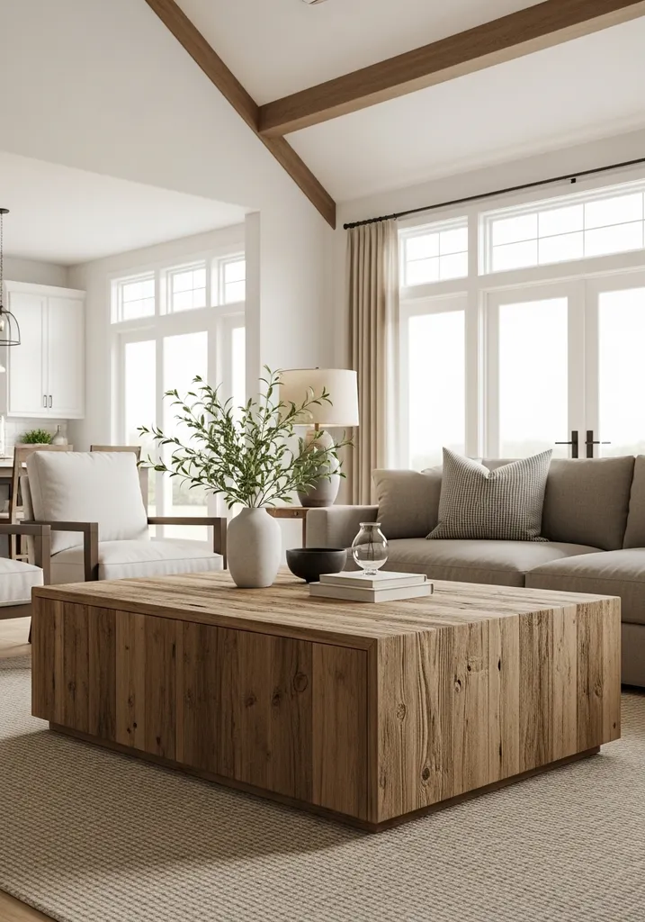 Rectangular reclaimed wood coffee table in a modern farmhouse living room